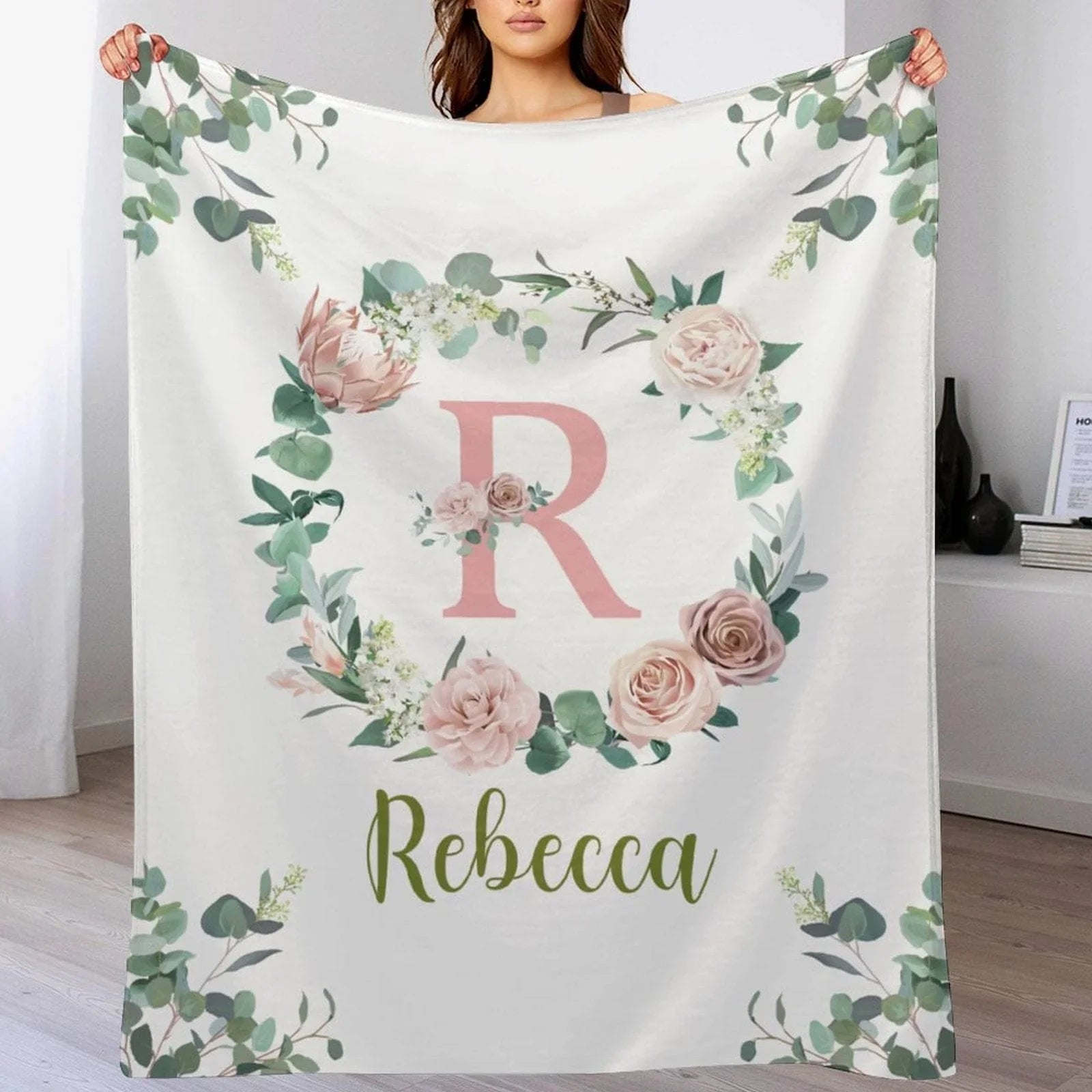Personalized Baby Blanket for Girls With Name, Light Pink Floral Blanket