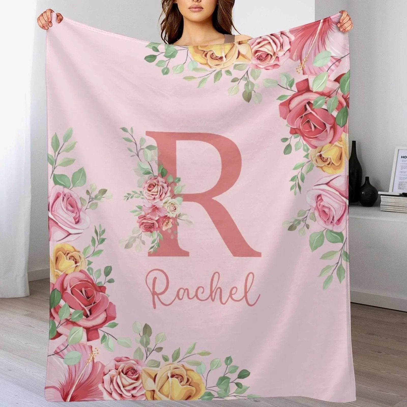 Personalized Baby Blanket for Girls With Name, Red Rose Floral Blanket