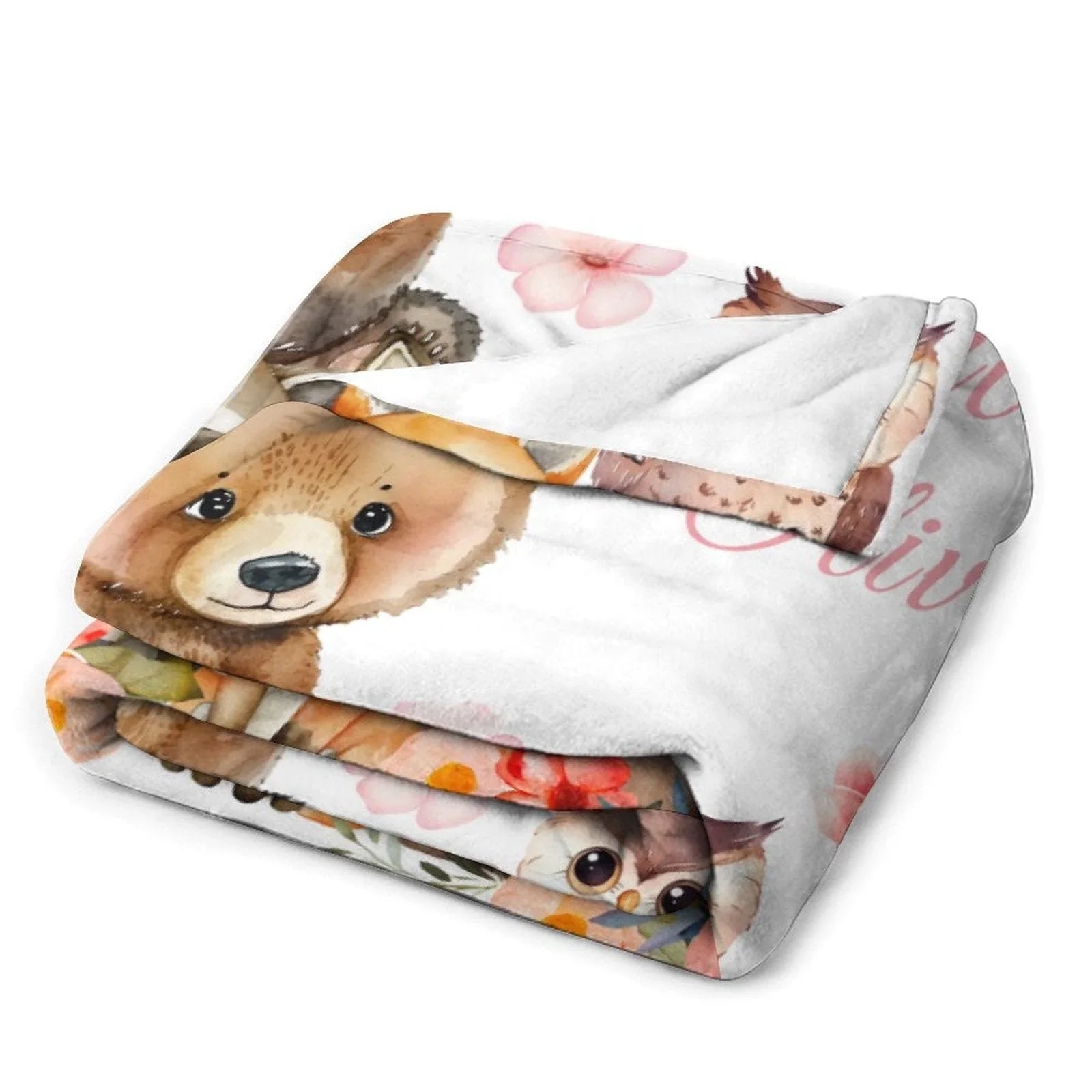 Personalized Custom Baby Girl Woodland Animal Blanket, Floral Woodland Name Blanket - Joliny