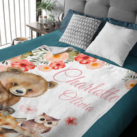 Personalized Custom Baby Girl Woodland Animal Blanket, Floral Woodland Name Blanket - Joliny