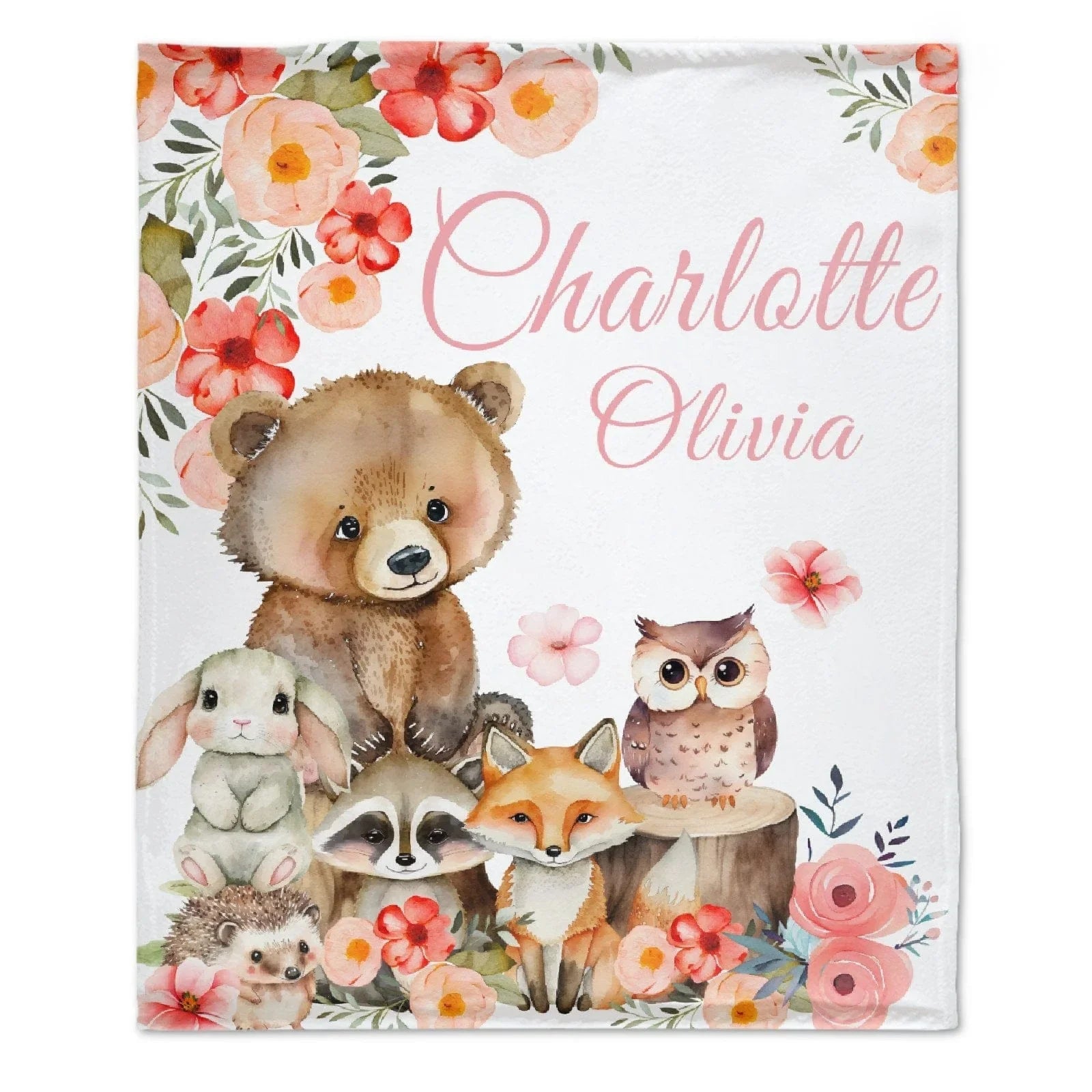 Personalized Custom Baby Girl Woodland Animal Blanket, Floral Woodland Name Blanket