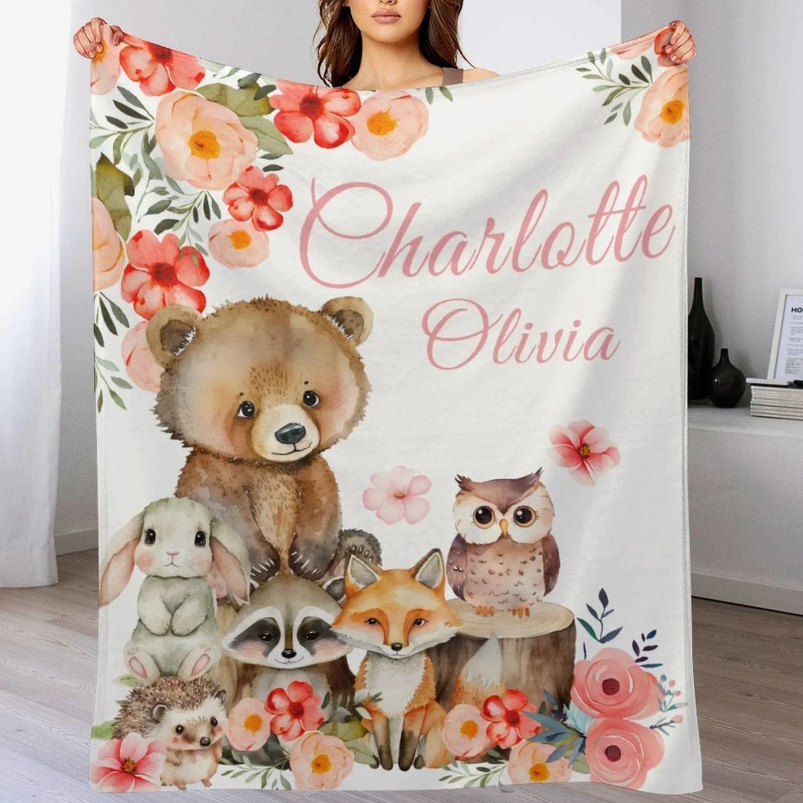 Personalized Custom Baby Girl Woodland Animal Blanket, Floral Woodland Name Blanket
