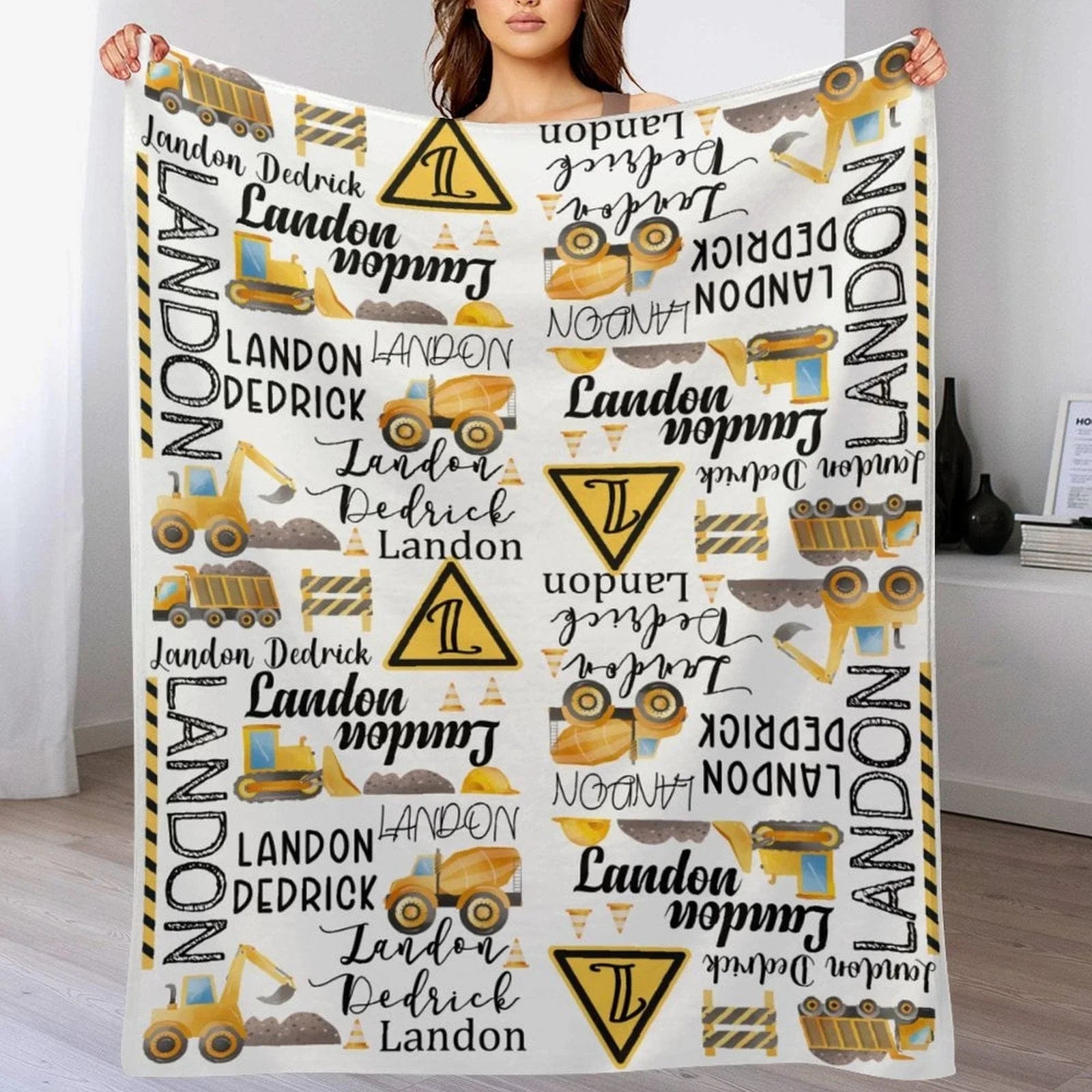 Personalized Custom Excavator Blanket With Name - Road Sign Fence, Gift For Children