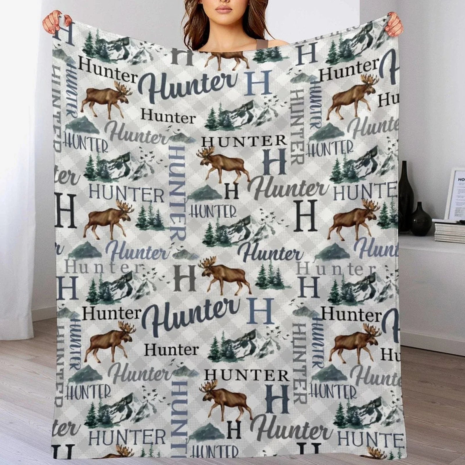 Personalized Moose Name Blanket - Outdoors Mountain Blanket - Custom Hunting