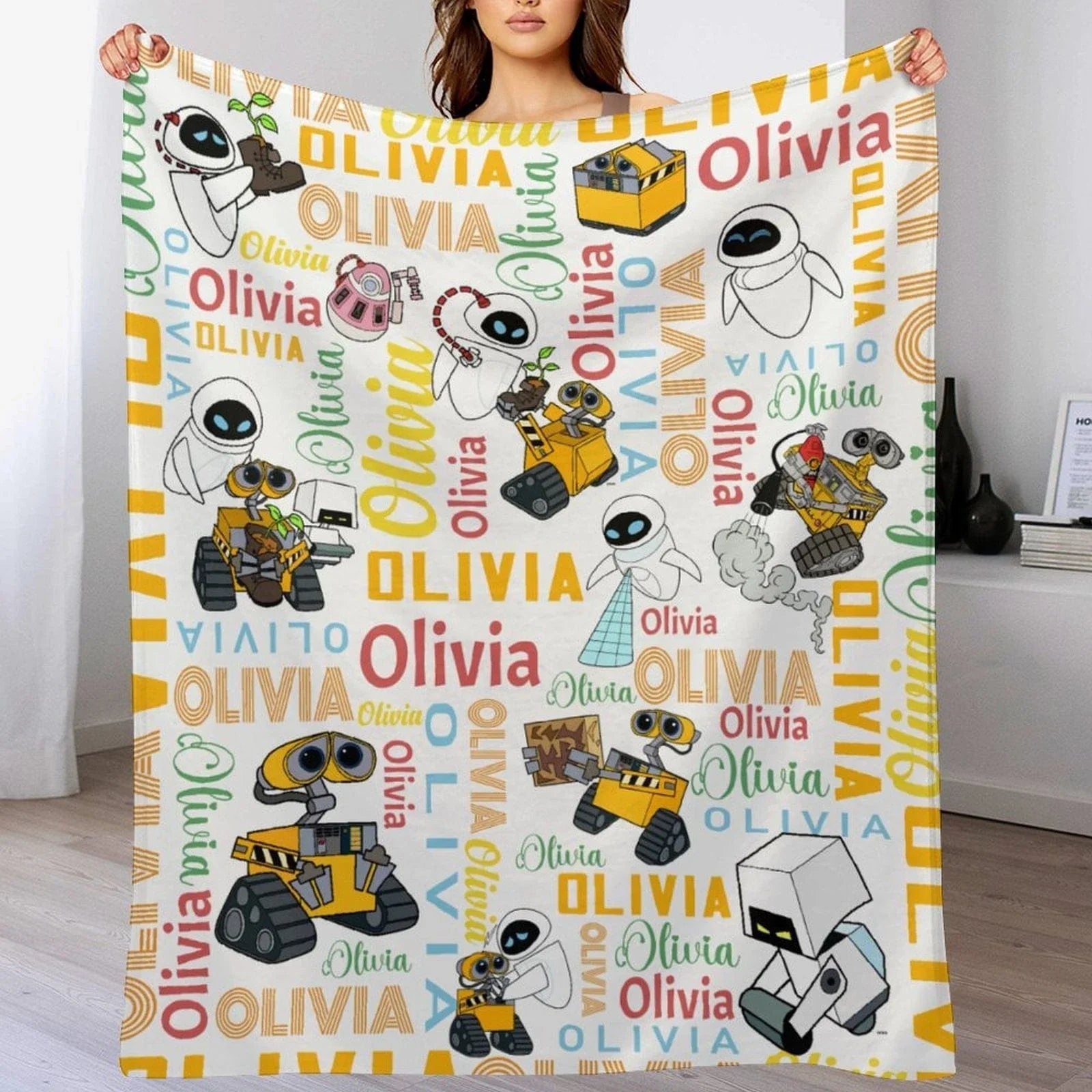 Personalized Watercolor Blanket With Name, Galaxy Robot Lovers Baby Kids Birthday Gift