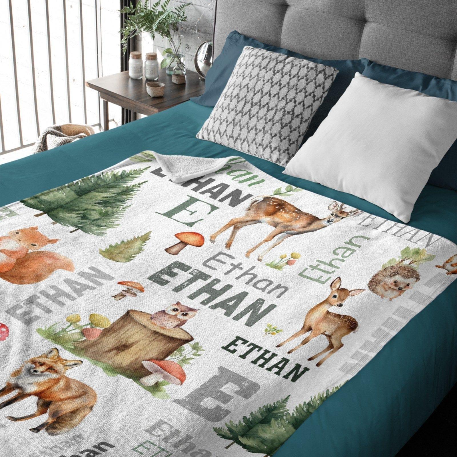 Personalized Woodland Animals Deer, Foxs Kids Baby Name Blanket