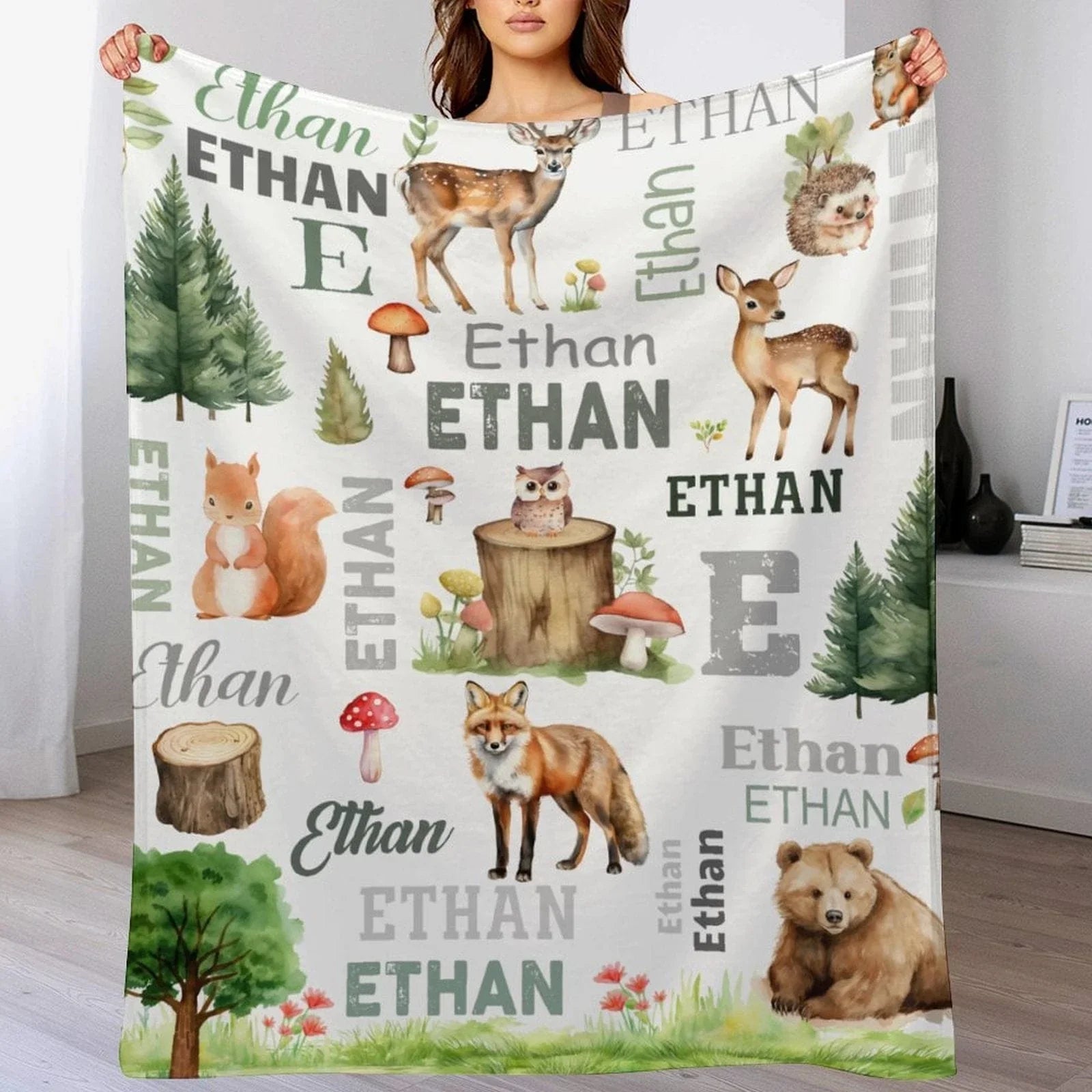 Personalized Woodland Animals Deer, Foxs Kids Baby Name Blanket