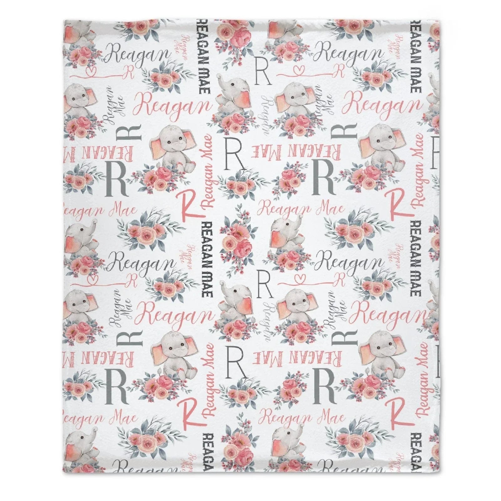 Pink Gray Personalized Baby Girl Name Blanket, Floral Elephant Girl Blanket