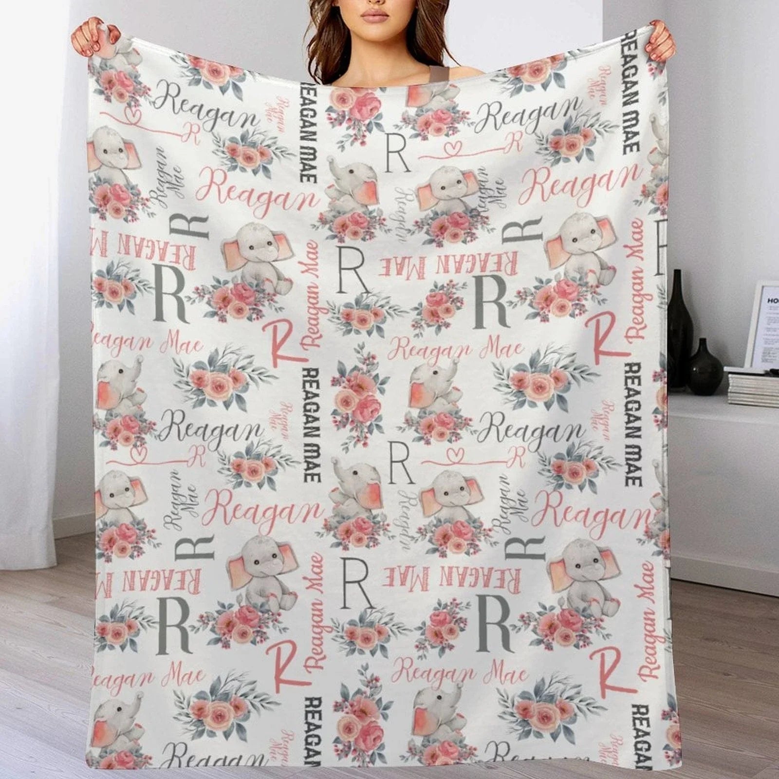 Pink Gray Personalized Baby Girl Name Blanket, Floral Elephant Girl Blanket