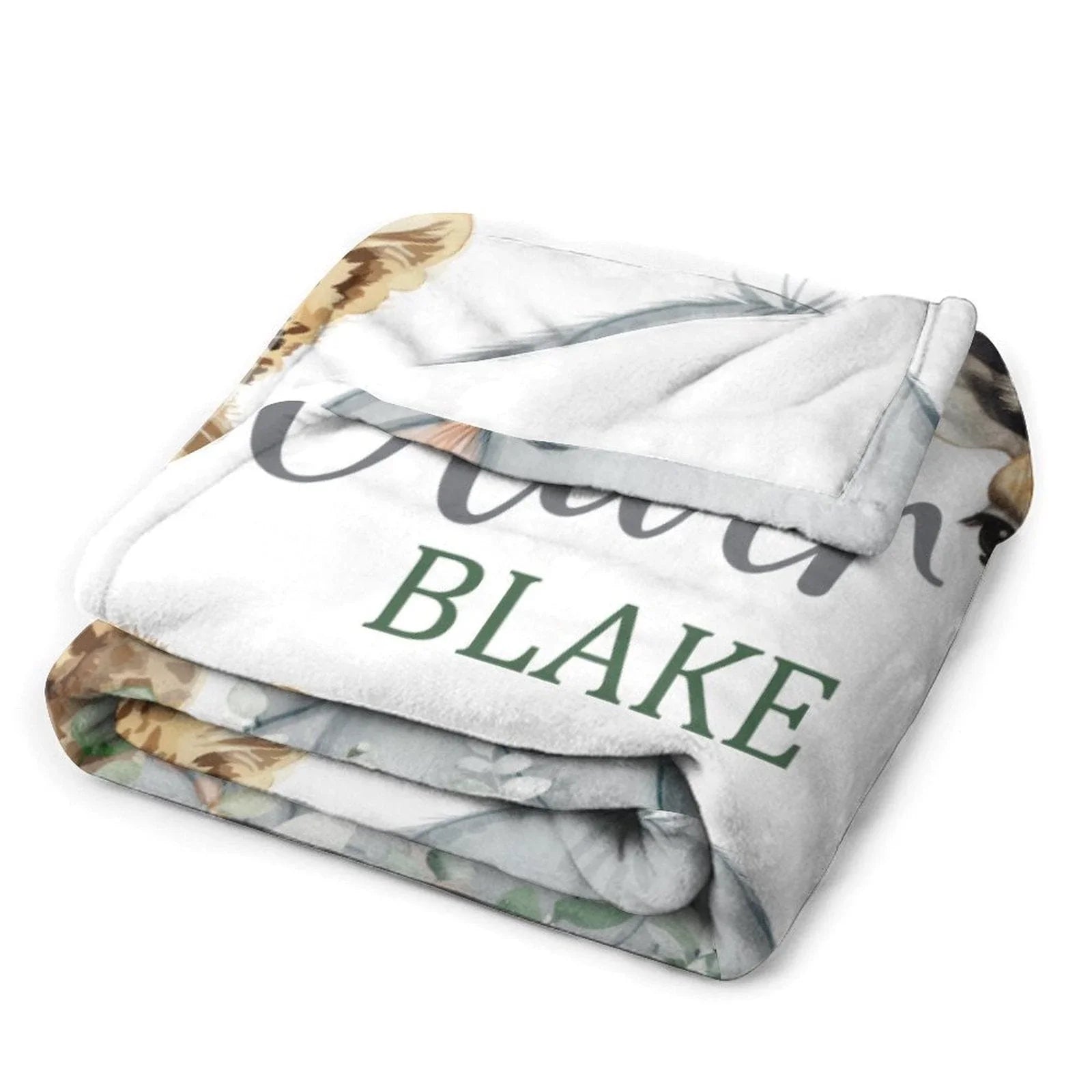 Safari Animals Baby Blanket, Jungle Greenery Eucalyptus Leaves Personalized Boy Girl Name Blanket - Joliny