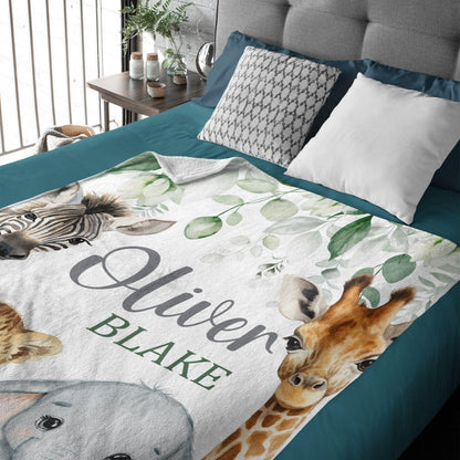 Safari Animals Baby Blanket, Jungle Greenery Eucalyptus Leaves Personalized Boy Girl Name Blanket - Joliny