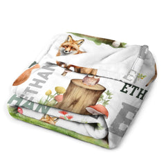 Free Shipping✈️Personalized Woodland Animals Deer, Foxs Kids Baby Name Blanket