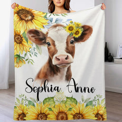 Livraison gratuite✈️Couverture personnalisée pour bébé avec nom personnalisé - Roses aquarelle florales rouges, tournesols, couverture de vache pour animaux de ferme