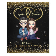 Doll Couple Sitting Gift For Him For Her Personalized Fleece Blanket - joliny