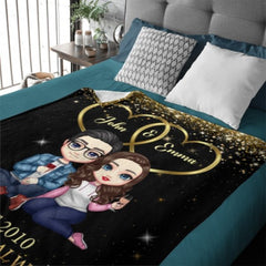 Doll Couple Sitting Gift For Him For Her Personalized Fleece Blanket - joliny