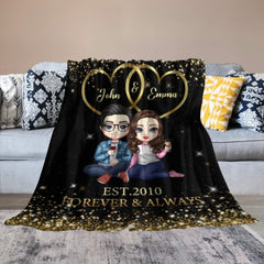 Doll Couple Sitting Gift For Him For Her Personalized Fleece Blanket - joliny