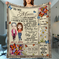 Feel My Love Within Hugging Cartoon Mom Daughter Flower Butterfly Personalized Fleece Blanket - joliny