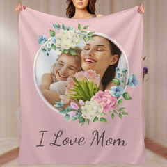 I Love Mom Floral Photo Custom Blanket - joliny