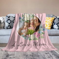 I Love Mom Floral Photo Custom Blanket - joliny