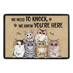 No Need To Knock We Know You're Here Peeking Cat - Funny Personalized Cat Decorative Mat - joliny