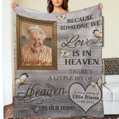 There’s A Little Bit Of Heaven In Our Home - Memorial Personalized Custom Blanket - Upload Image, Sympathy Gift For Family Members - joliny